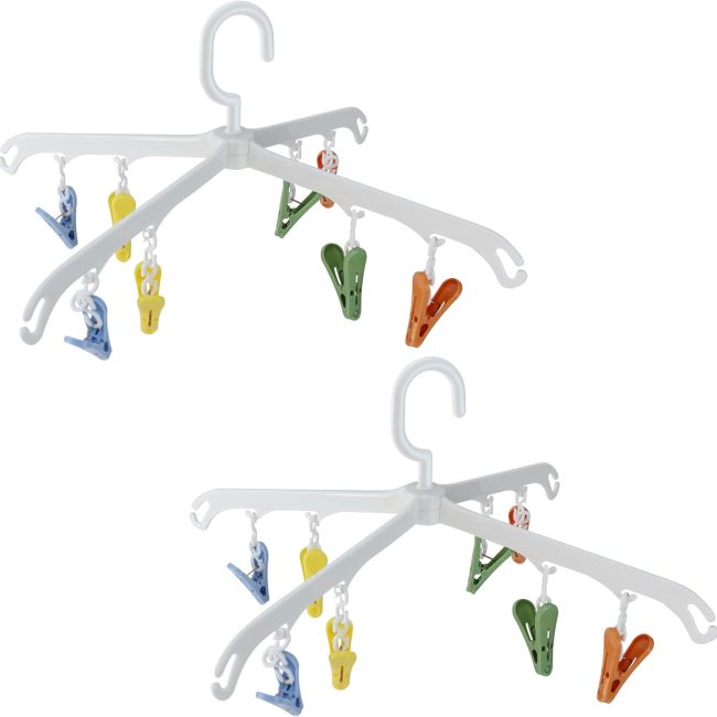2 Pack Foldable Clip and Drip Hanger with 8 Clothespins for Drying Clothes Towels Bras Socks Gloves, Small Size Work for Home Travel Usage